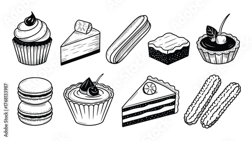 Delicious sketched desserts collection featuring cupcake, cake, eclair, brownie, tart, macaron, and churro perfect for baking themed designs