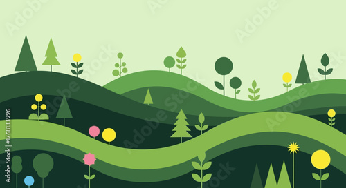 Stylized green landscape with rolling hills and abstract flora design illustration