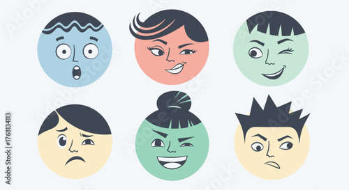 Diversity of emotions conveyed through graphic faces, capturing varied expressions and mood