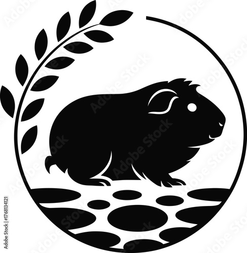 Cute guinea pig silhouette surrounded by leaves inside a black circle