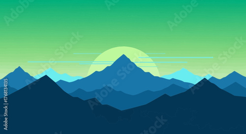Minimalist mountain range landscape with a rising sun and stylized clouds illustration