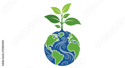 Symbolic representation of environmental protection with a growing plant on Earth globe