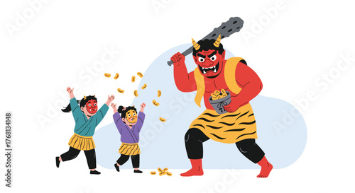 Children in masks and traditional clothes throw beans at a demon during Setsubun festival.