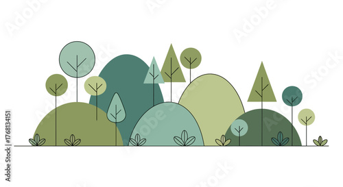 Serene minimalistic landscape with lush green hills and stylized trees illustration