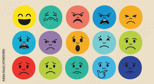 Diverse emoji icons expressing a range of emotions from happiness to sadness and anger displayed