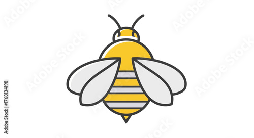 Stylized graphic illustration of a bright yellow and gray cartoon bee with wings outlined in black
