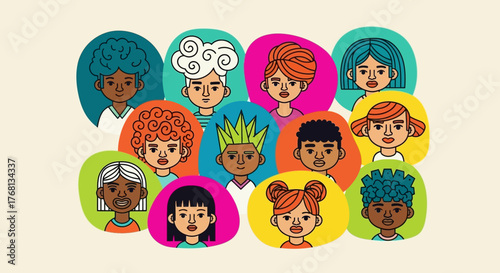 Diverse animated characters showcasing different hairstyles and backgrounds in vivid colors