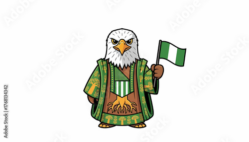 Proud Eagle Mascot Wearing Traditional Attire and Waving the Nigerian Flag, Symbolizing National Pride and Heritage, Vector Illustration for Cultural Celebrations