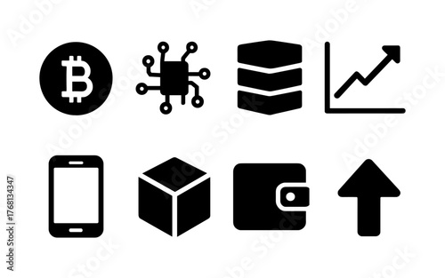 Set of black cryptocurrency and blockchain icons including bitcoin, network, wallet, smartphone, chart, cube, and upward arrow. Flat icon style