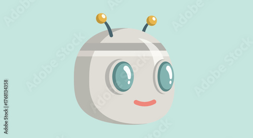 Adorable cartoon robot head with antenna and cute face on a light blue background