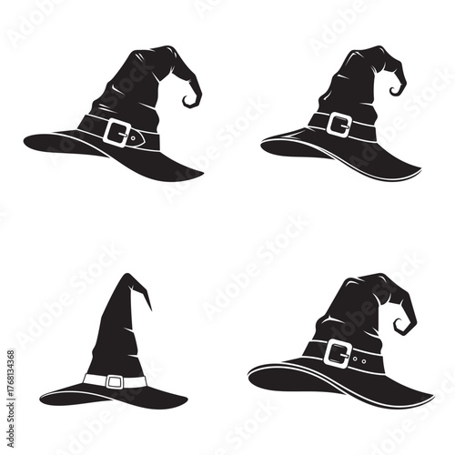 Set of four black silhouette witch hats with buckles for halloween decoration.