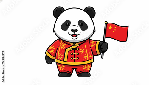 Cute Panda Holding Chinese Flag Cartoon Illustration