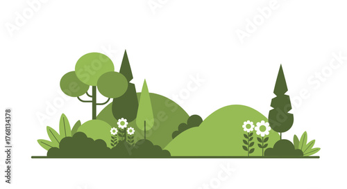 Stylized vector illustration featuring a lush green landscape with hills and trees