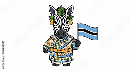 Cute cartoon zebra illustration, dressed in culturally inspired clothing and a green leaf headband, proudly holding the national flag of Botswana, embodying national pride and African spirit
