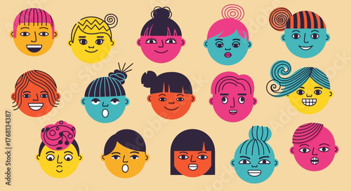Vibrant diverse faces collection, illustration showcasing varied expressions and colourful