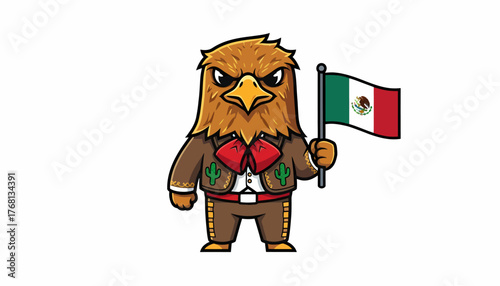 Cartoon Eagle Character Holding Mexican Flag Celebrating National Pride