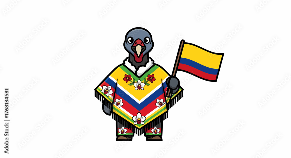 Obraz premium Charming cartoon bird character, resembling a pigeon, proudly displays the Colombian national flag while dressed in a vibrant, traditional floral poncho, celebrating national identity and culture