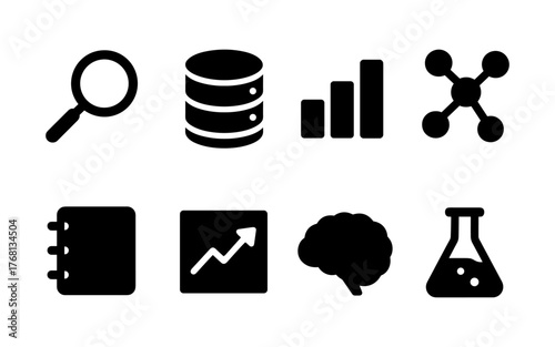 Set of black data science and research icons including magnifying glass, database, chart, network, notebook, brain, and flask. Flat icon style