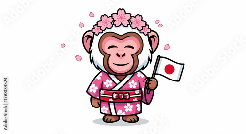 Adorable Cartoon Monkey Celebrating Japan with Cherry Blossoms and Flag