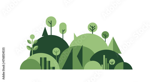 Geometric green landscape composition with hills, trees and stylized vegetation illustration
