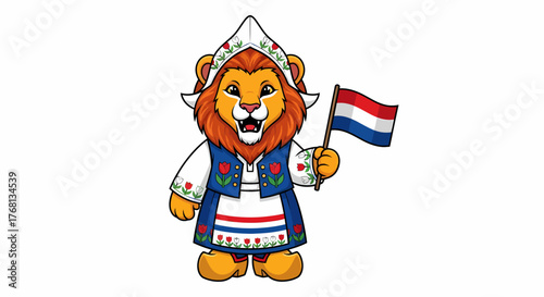 Dutch Pride Lion Mascot Waving Dutch Flag in Traditional Costume