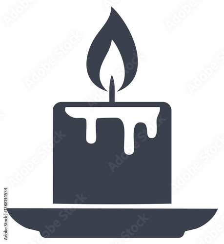 Burning candle icon with melted wax flat design, symbol of light, relaxation, romantic atmosphere, holiday, isolated on white