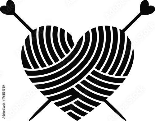 Heart shaped yarn and knitting needles silhouette for love and crafting