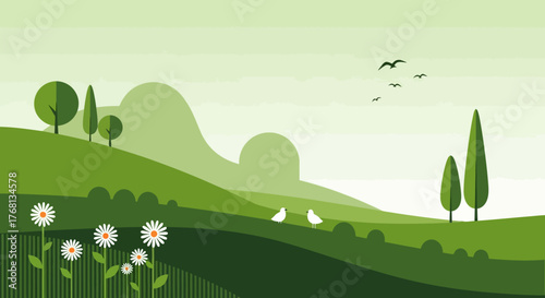 Scenic countryside illustration featuring rolling green hills, daisies, birds, and simple trees