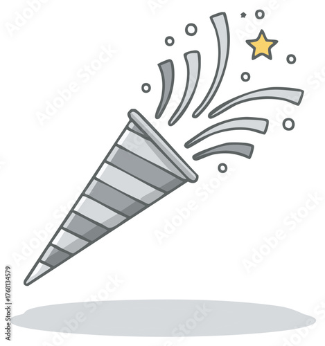 Silver party popper exploding with confetti and a yellow star
