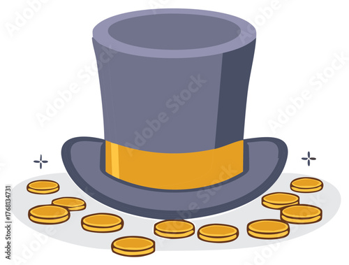 Cartoon top hat with a gold band surrounded by shiny gold coins representing wealth and success