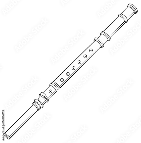 Illustration of a simple flute, woodwind musical instrument with finger holes and classical style
