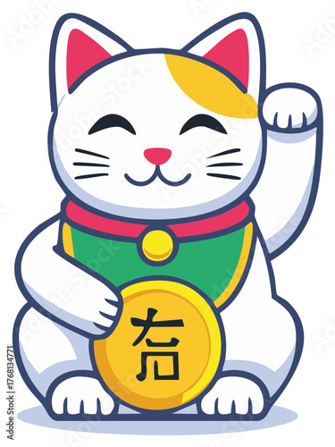 Smiling Maneki Neko waving paw while holding coin. Illustration of a Japanese lucky charm for prosperity and good luck.