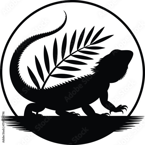 Tropical lizard and palm frond in a circular silhouette design