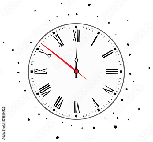 Classic clock face with Roman numerals and a red second hand pointing towards midnight