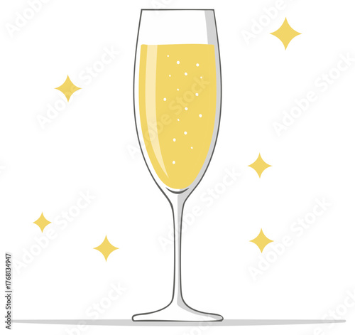 Celebratory champagne flute with sparkling wine and festive stars vector illustration