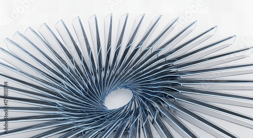 Futuristic glass panels arranged in an elegant spiral pattern, transparent reflective surfaces, minimal white background, 3D abstract render, modern architecture concept