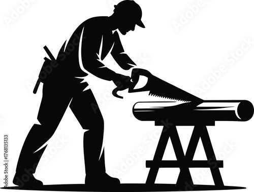 Man sawing a log on a sawhorse in a distinctive silhouette style