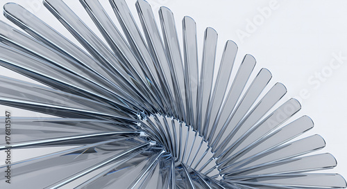 Futuristic glass panels arranged in an elegant spiral pattern, transparent reflective surfaces, minimal white background, 3D abstract render.