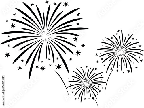 Vector Illustration of Dark Fireworks Bursting in Night Sky, Celebration and Event Graphics