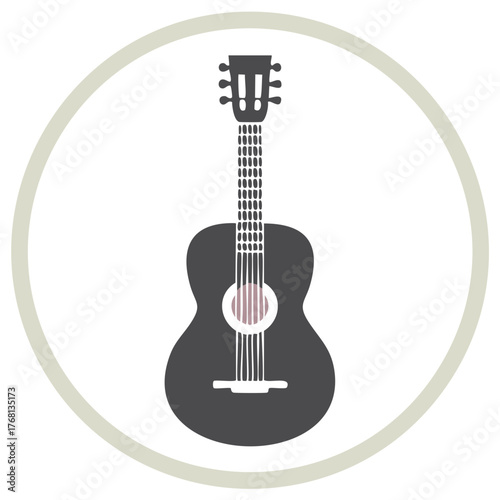Acoustic guitar graphic illustration inside a circle, representing music and sound