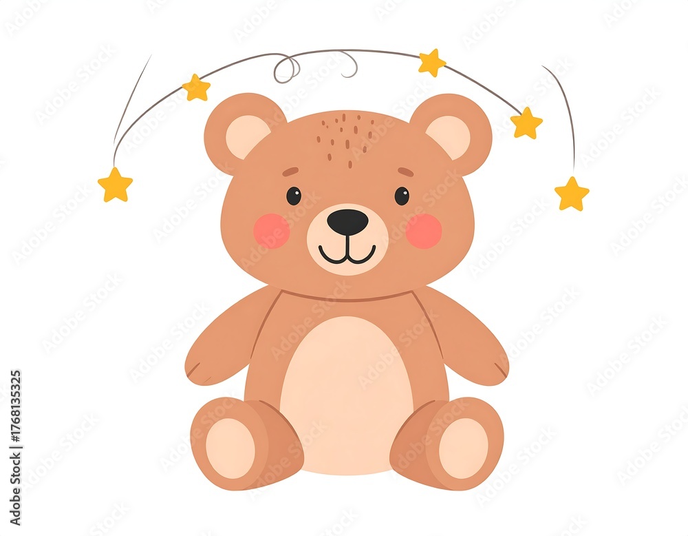 Obraz premium An illustrated, cartoon teddy bear seated below stylized hanging stars