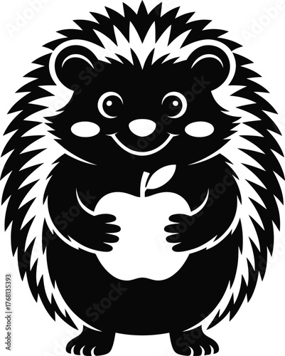 Charming silhouette of a hedgehog happily holding a white apple