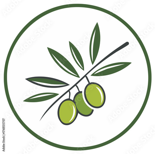 Olive Branch Icon Symbol with Green Olives and Leaves inside Dark Green Circle Frame