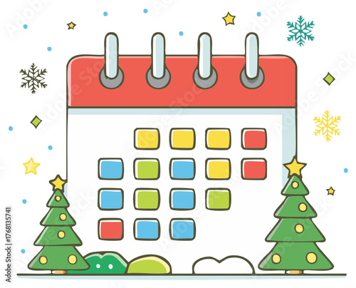 Cute Christmas calendar with festive decorations and holiday symbols