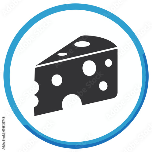 Swiss cheese wedge with holes in a round blue frame representing dairy food product icon