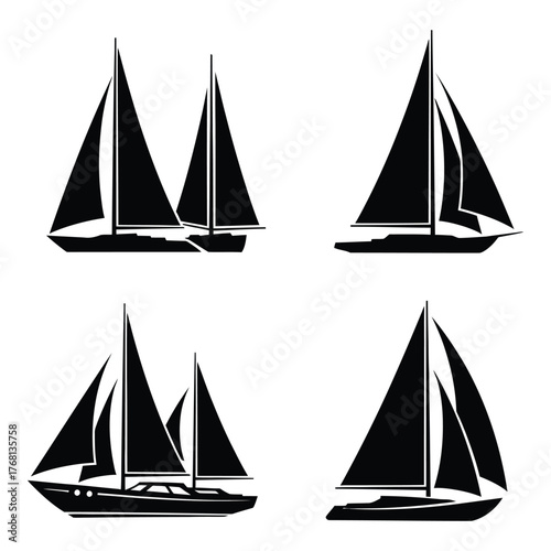 Fototapeta Four black silhouette sailboats with masts and sails on a silhouette