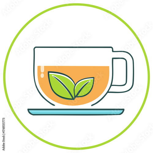 Tea cup icon with green leaves in round frame, herbal tea concept