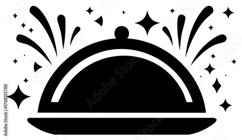 Elegant cloche with sparkle illustration creating anticipation for the unveiled cuisine, presented against a clean, minimalistic background.