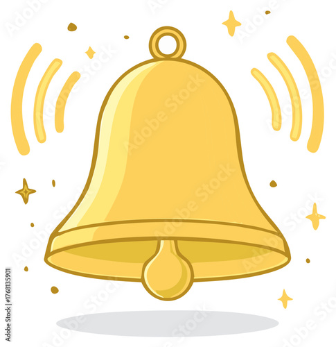 Cartoon golden bell ringing with stars around