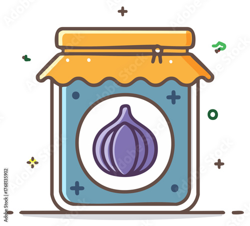 Jar of Pickled Garlic with Yellow Lid and Blue Label, Flat Icon Style